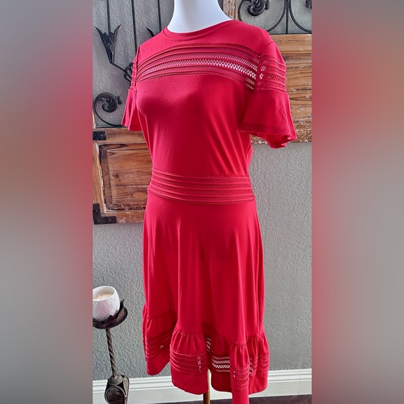 Michael Kors Bright Red Open Weave Mesh Insert Dress w/Ruffled Hem - Sz M - Picture 14 of 16